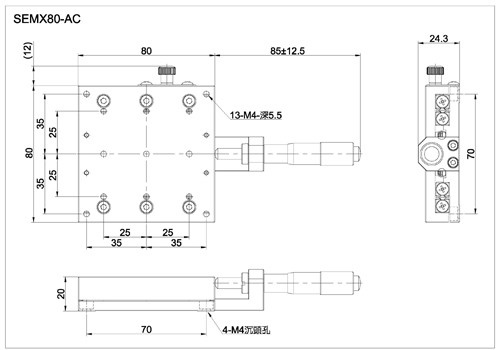 x axis crossed roller bearing stage with micrometer head SEMX80-AC